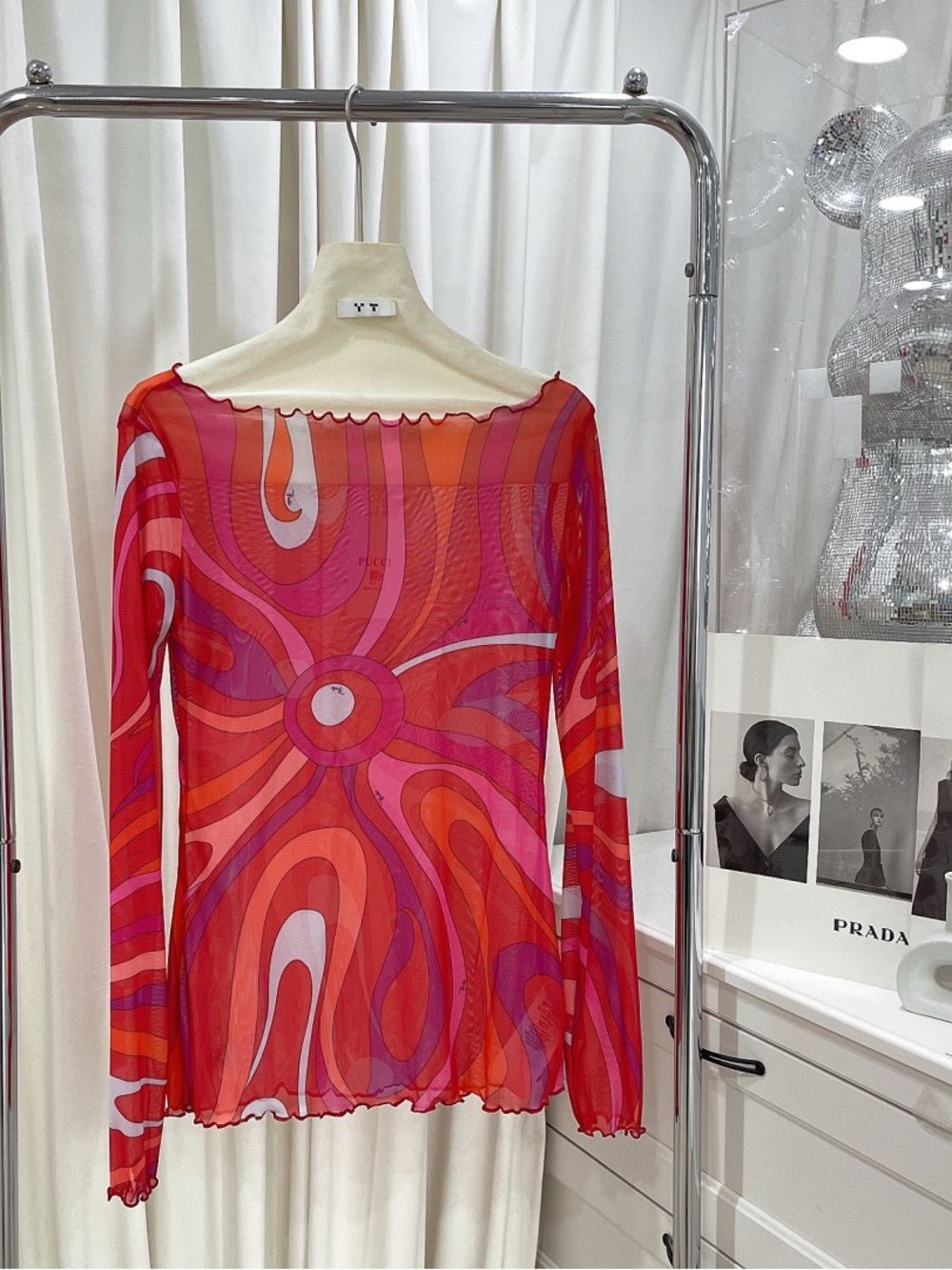Emilio Pucci Vibrant Red-Pink Swirl Mesh Long Sleeve Top